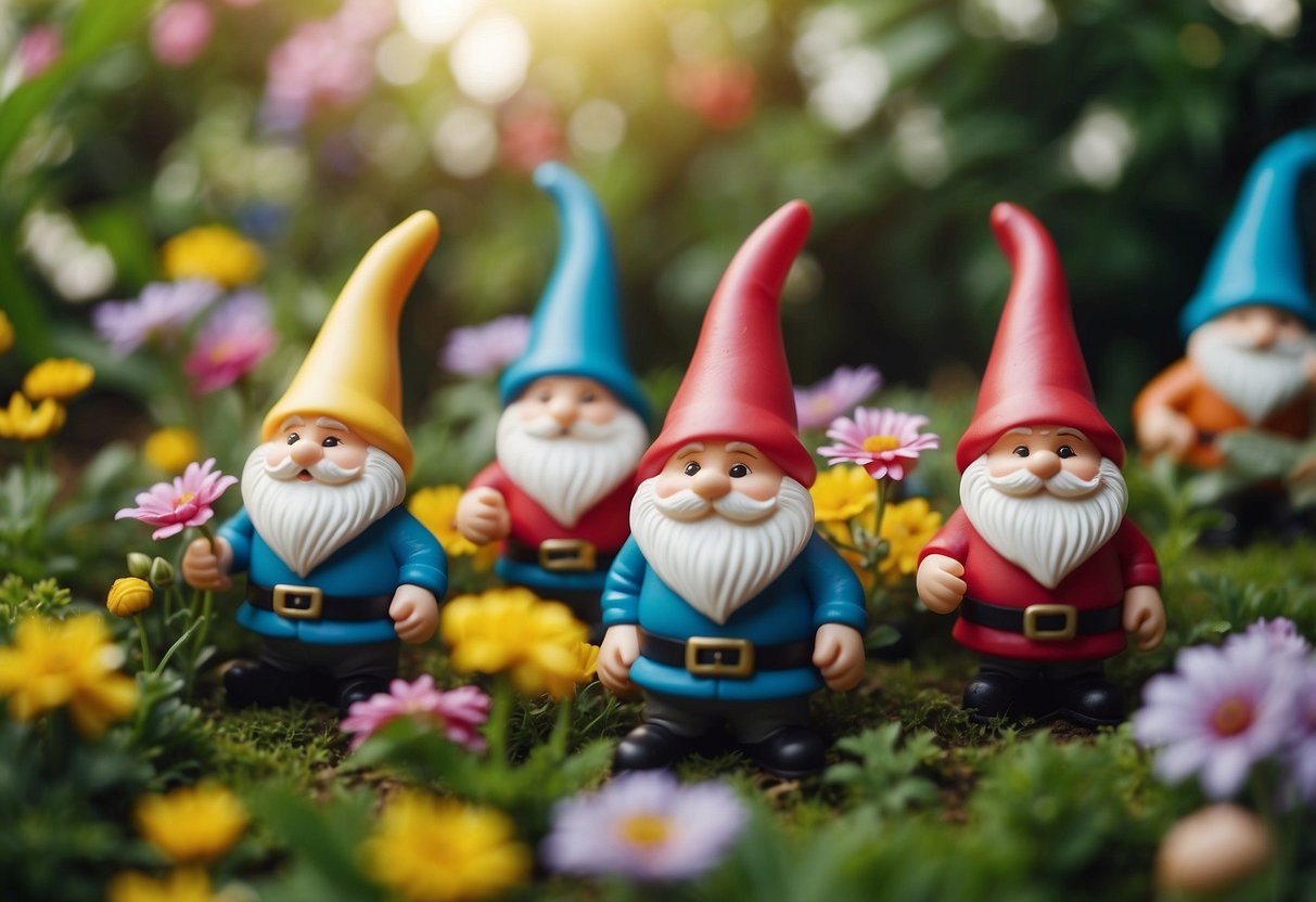 Colorful garden gnomes hidden among flowers and bushes. Party guests searching with excitement. Birthday decorations and fairy lights adding to the festive atmosphere