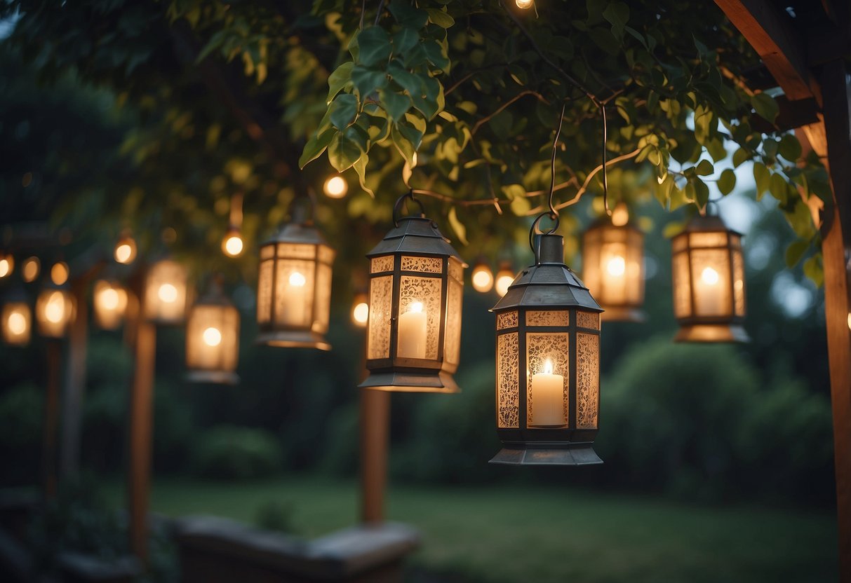 Vintage lanterns hang from a pergola, casting warm light over a garden party. Lush greenery and twinkling fairy lights create a magical ambiance