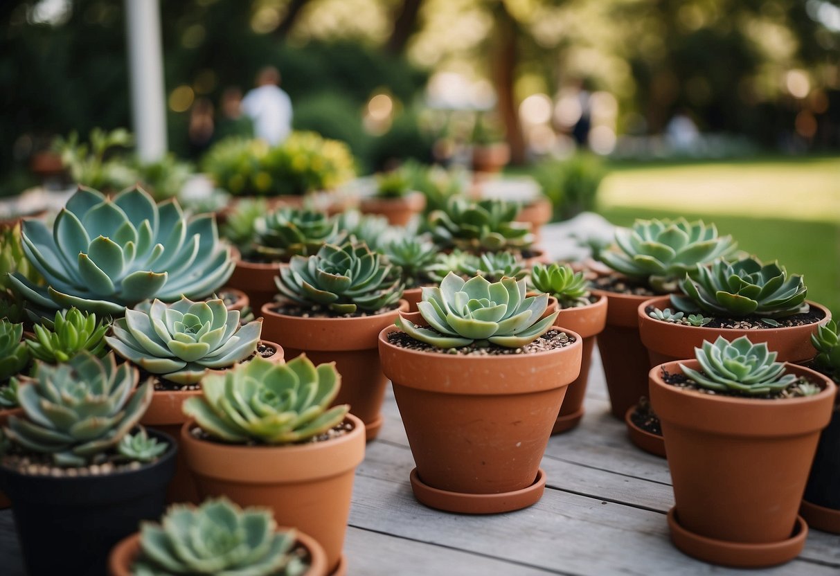 Lush succulents in decorative pots adorn a garden party setting for a 21st birthday celebration. Tables are filled with vibrant greenery, creating a lively and festive atmosphere