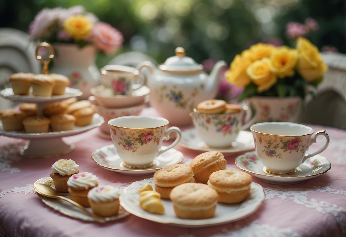 A colorful garden with a whimsical tea party set-up, featuring vintage teacups, floral tablecloths, and a variety of pastries and finger sandwiches