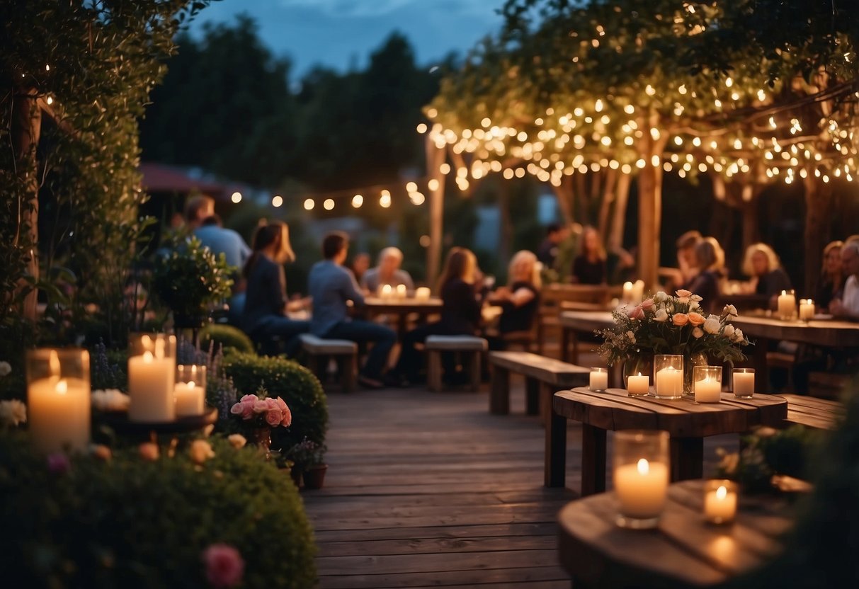 A cozy garden with twinkling lights, a wooden stage, and a musician playing acoustic guitar. Tables adorned with flowers and candles, guests enjoying the live music