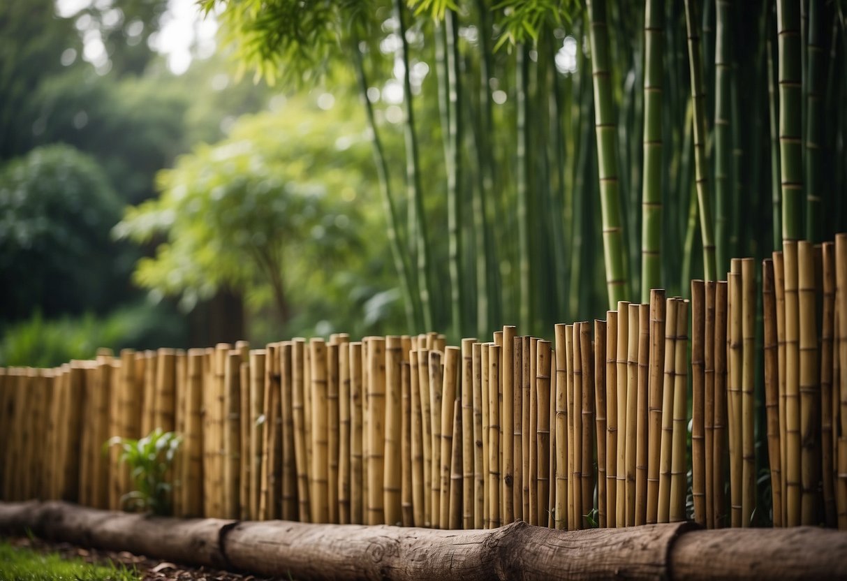 A row of 6ft bamboo fence panels stands tall, creating a natural and rustic garden boundary