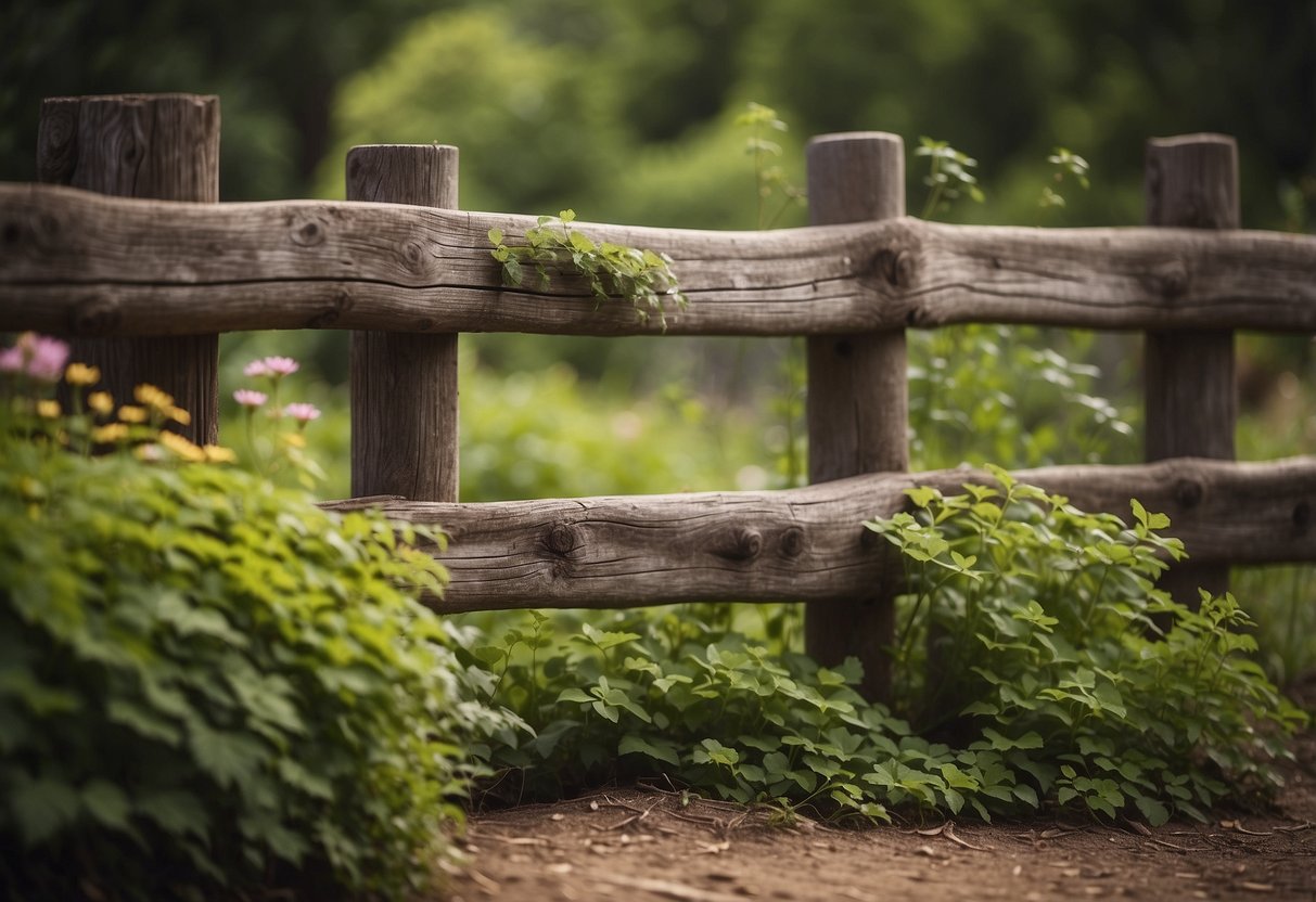 A 6ft rustic wooden fence encloses a garden, with vines creeping up the weathered wood, creating a charming and cozy atmosphere