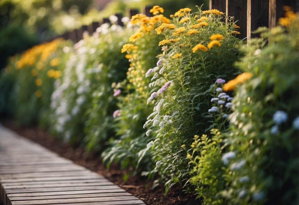 A 6ft living green fence with a variety of plants and flowers, creating a natural and vibrant garden border