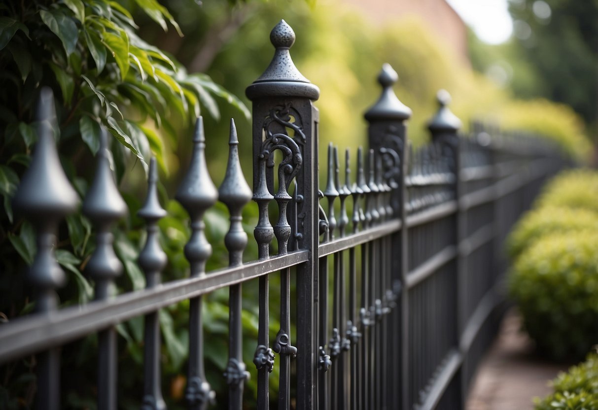 A 6ft decorative metal fence surrounds a lush garden, with intricate patterns and scrollwork adding elegance to the outdoor space