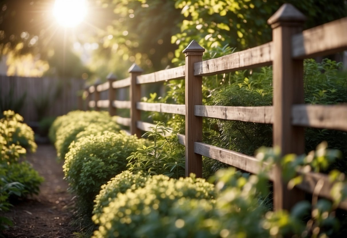 A 6ft garden fence surrounds a lush backyard, providing privacy and security. The fence is made of sturdy wood panels, with climbing vines adding a touch of natural beauty