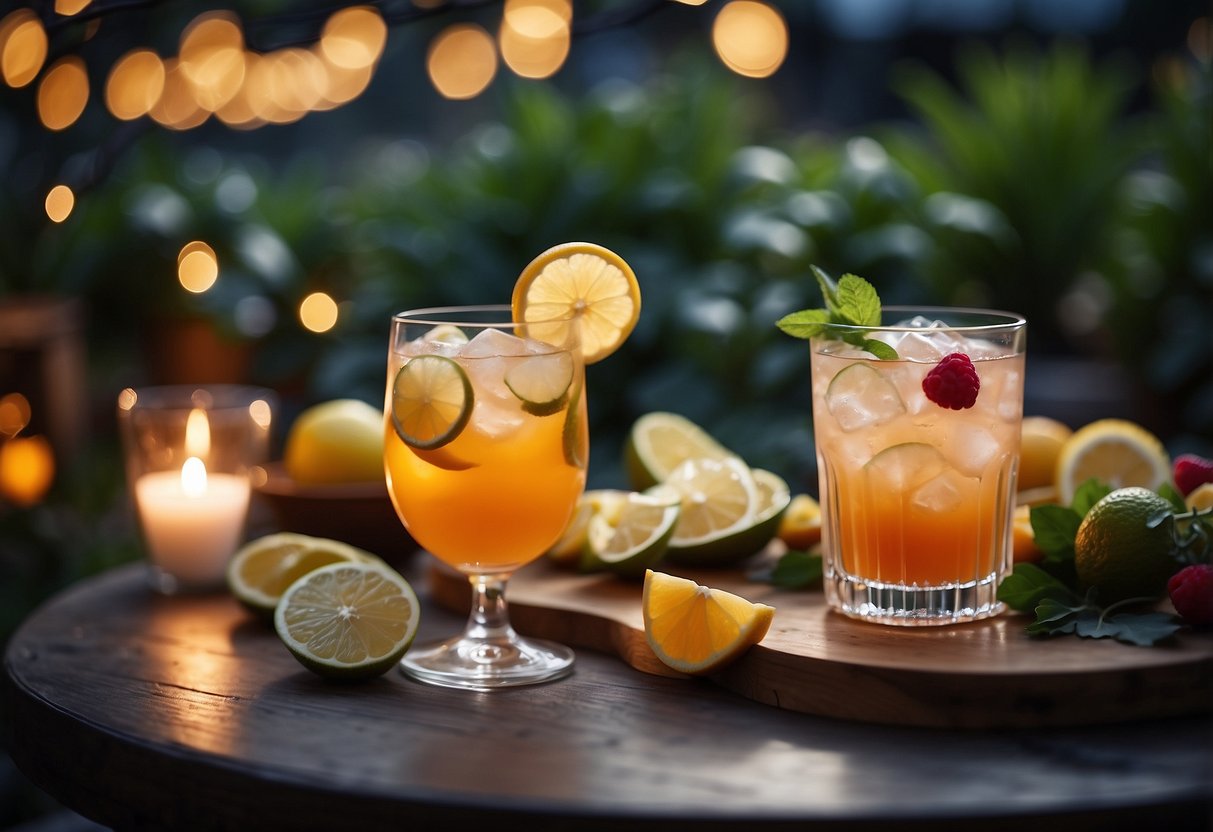 A table with a variety of cocktail ingredients, glassware, and garnishes arranged in a garden setting with fairy lights and floral decorations