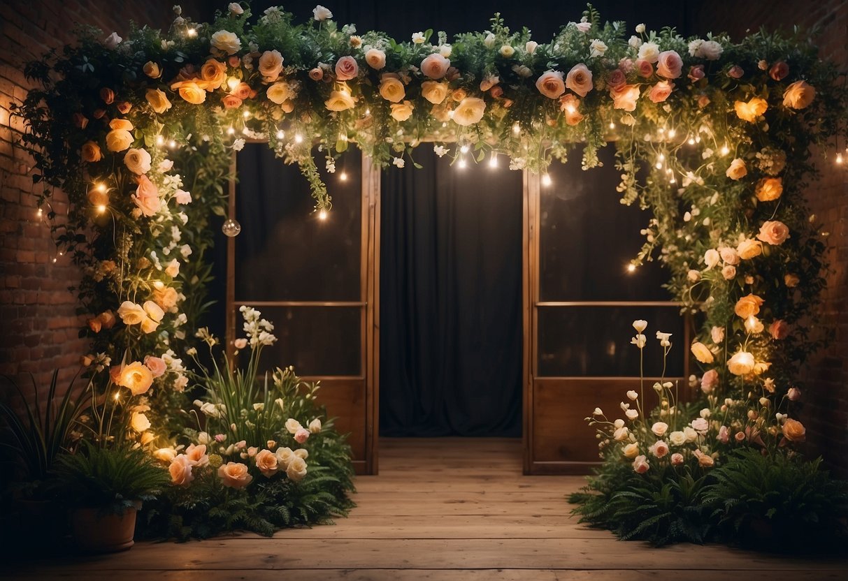 A vintage-inspired floral photo booth with a lush garden backdrop, adorned with cascading blooms and twinkling lights