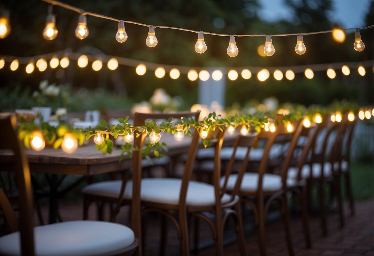 String lights hang above a lush garden, casting a warm glow on tables and chairs. A perfect setting for a 70th garden party