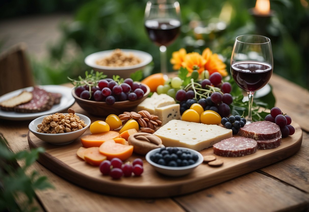 A beautifully arranged charcuterie board sits on a rustic wooden table, surrounded by lush greenery and vibrant flowers, creating a picturesque setting for a 70th garden party