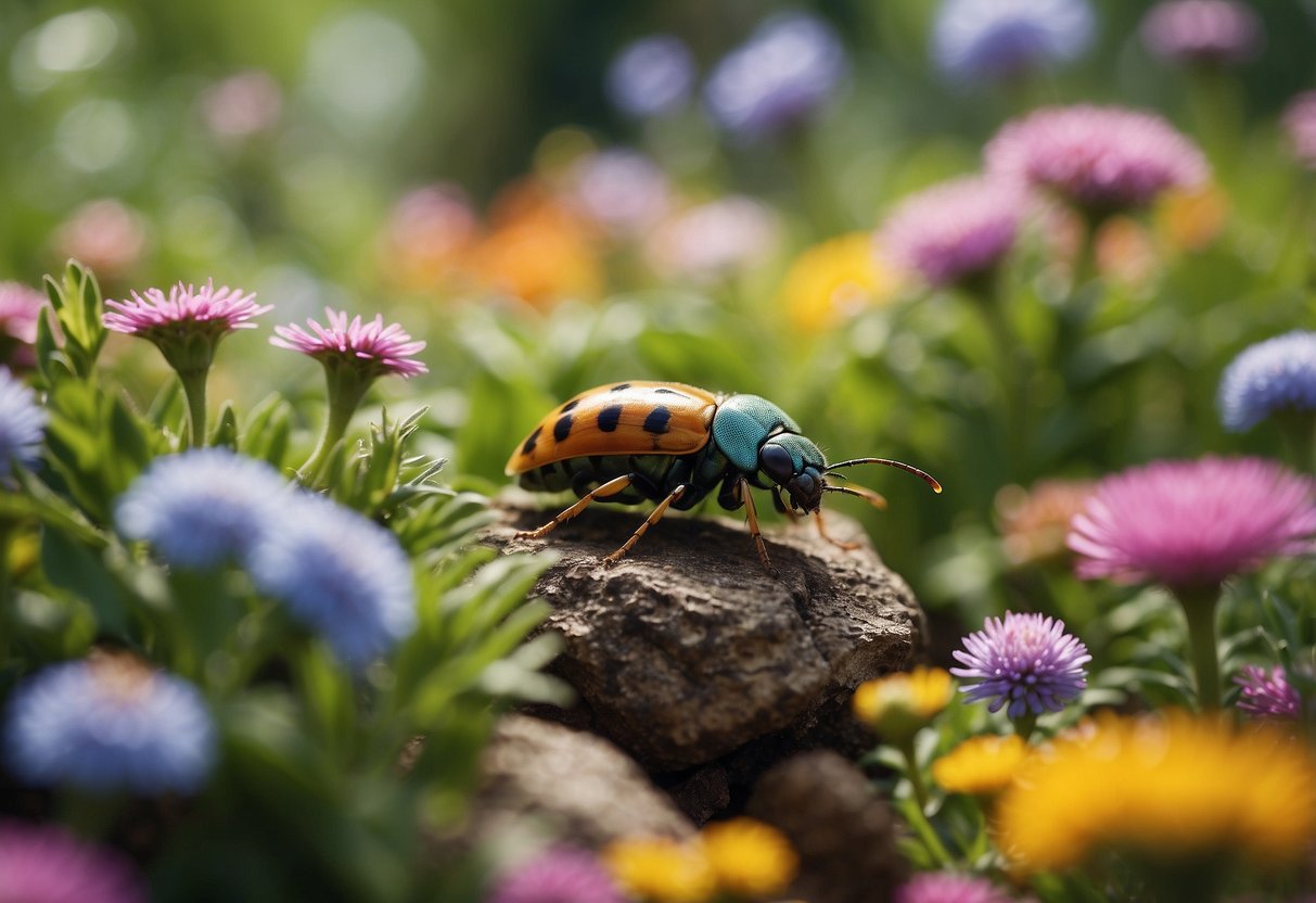 A colorful garden with hidden treasures like flowers, insects, and small animals for a scavenger hunt