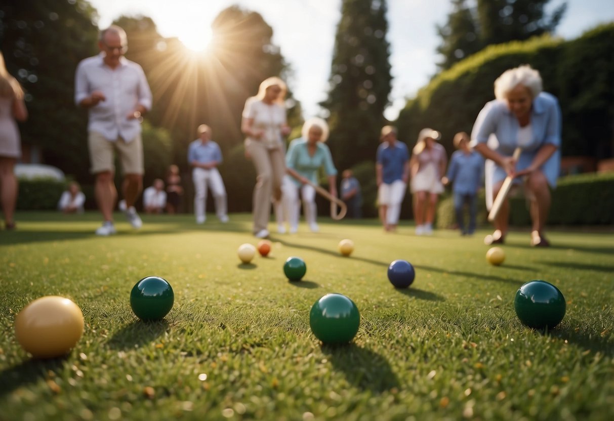 A group plays croquet on a manicured lawn at a 70th garden party. The sun shines, and colorful balls roll across the green grass