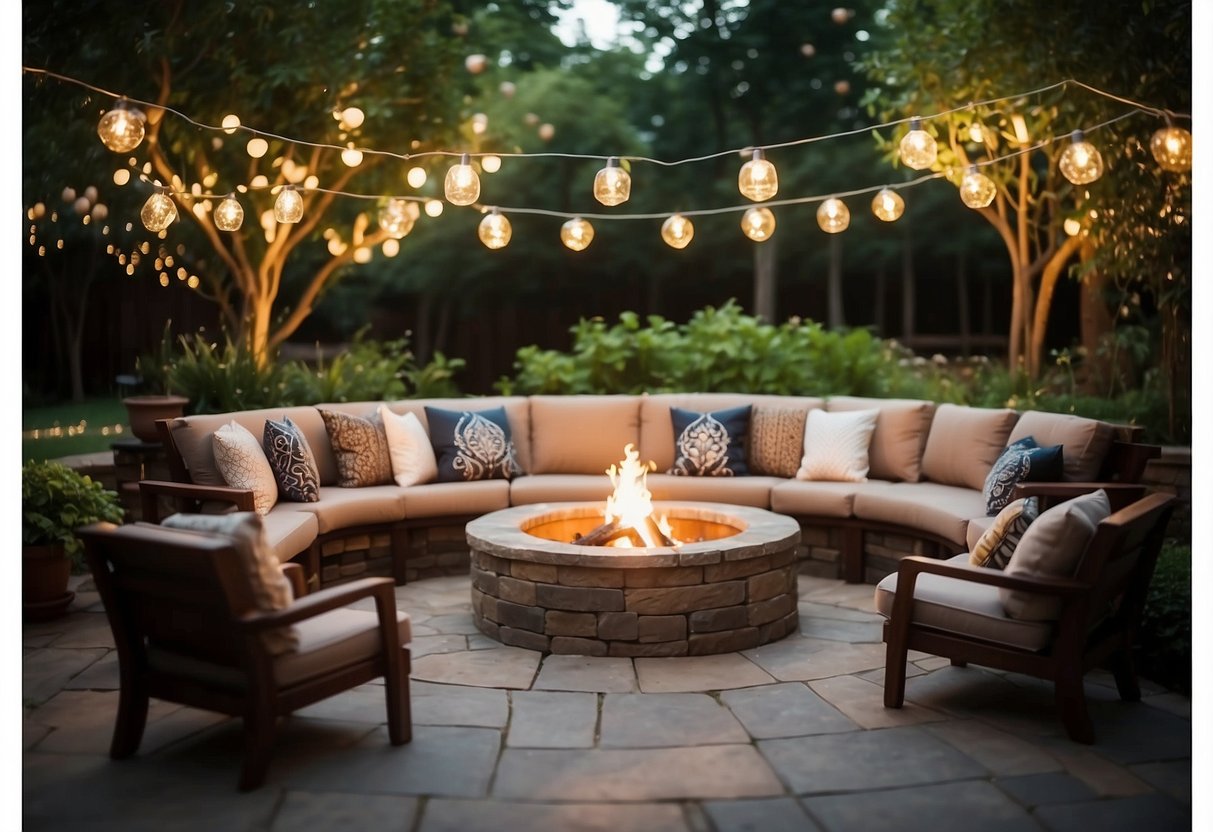 A fire pit surrounded by cozy seating, twinkling lights, and lush greenery, creating a warm and inviting atmosphere for a 70th garden party