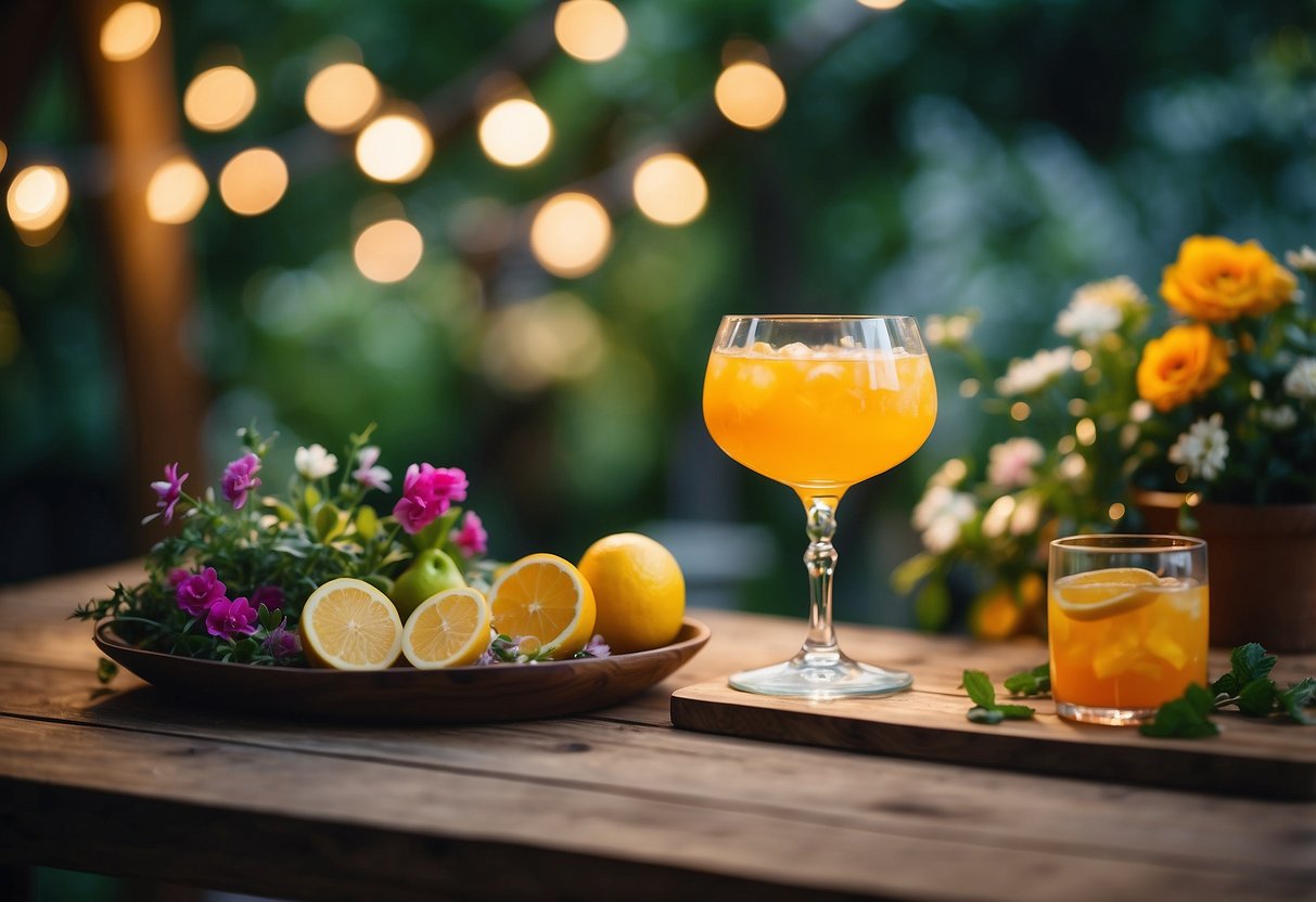 A vibrant garden-themed cocktail sits on a rustic wooden table surrounded by lush greenery and colorful flowers, with twinkling fairy lights adding a touch of magic to the 70th garden party