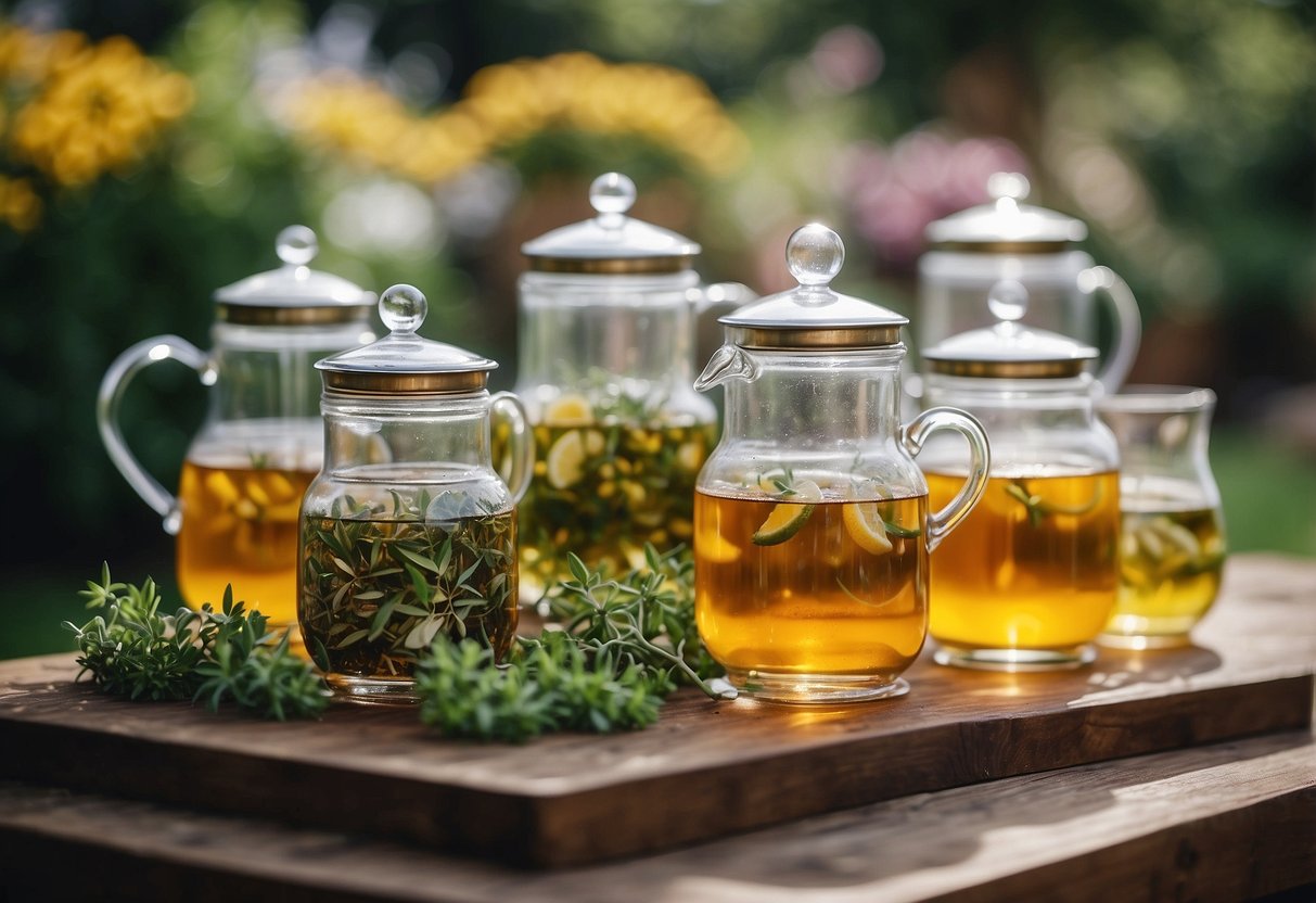 A table displays assorted herbal teas at a garden party