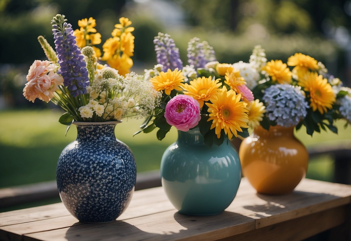 Vivid vases hold freshly cut flowers, arranged for a 70th garden party