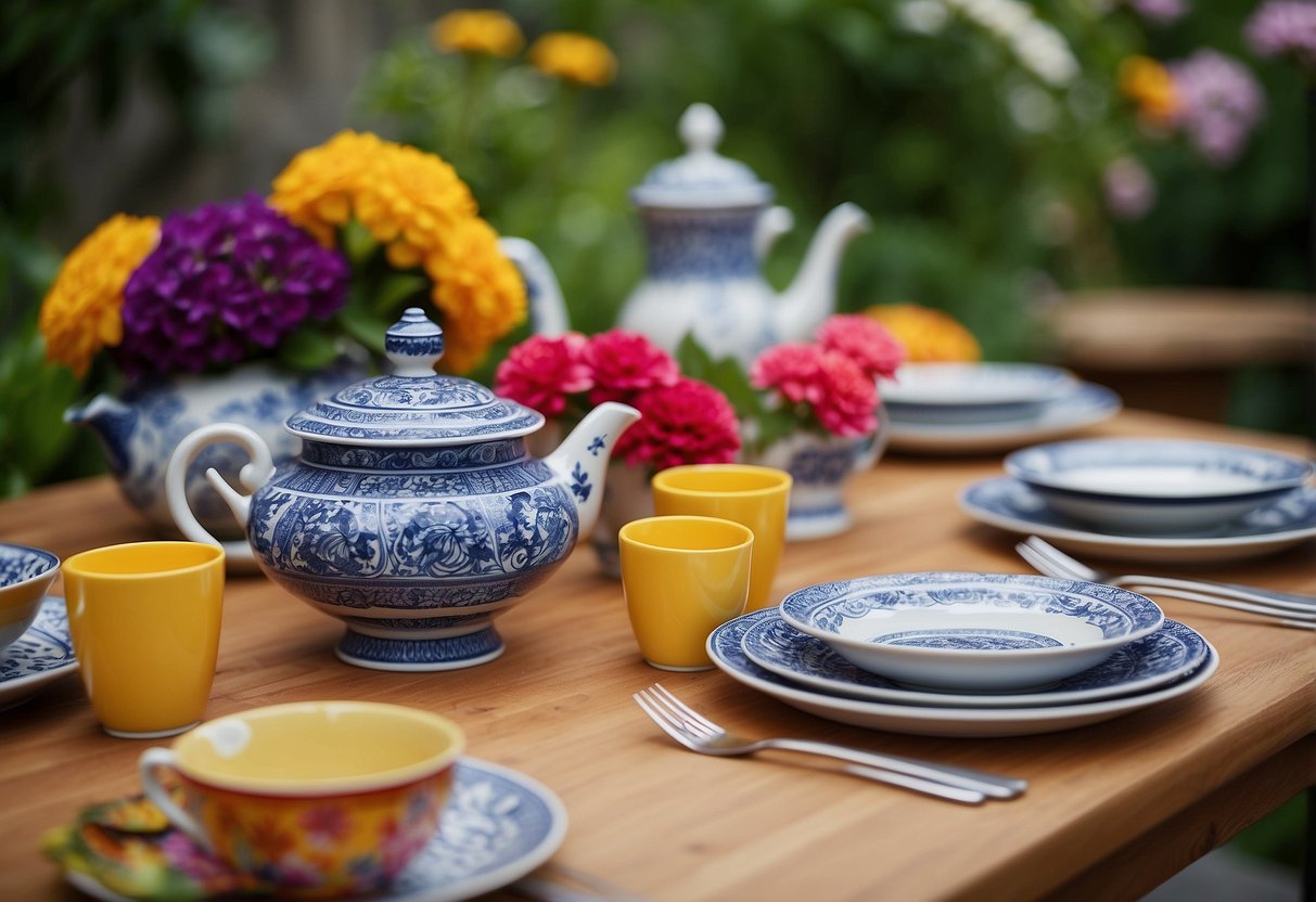 Colorful tableware arranged on a garden table, surrounded by vibrant flowers and greenery. A festive and celebratory atmosphere with a mix of patterns and colors