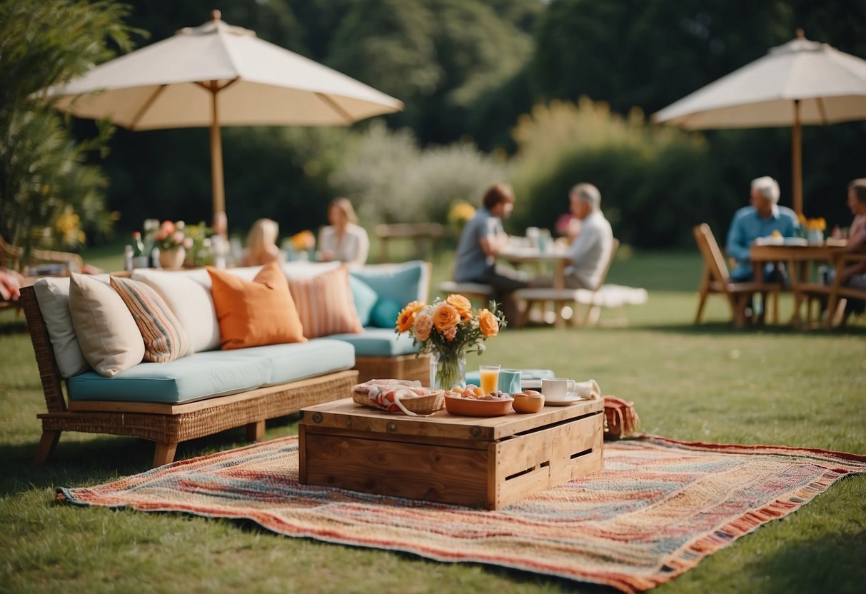 A picnic-style seating arrangement at a garden party, with colorful blankets and cushions spread out on the grass