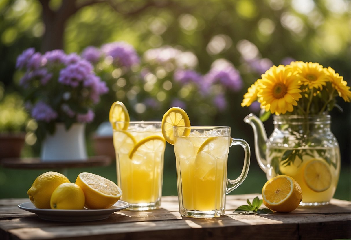 A table set with a pitcher and glasses of lemonade, surrounded by blooming flowers and greenery. Sunshine dapples the scene, creating a warm and inviting atmosphere for a 70th garden party