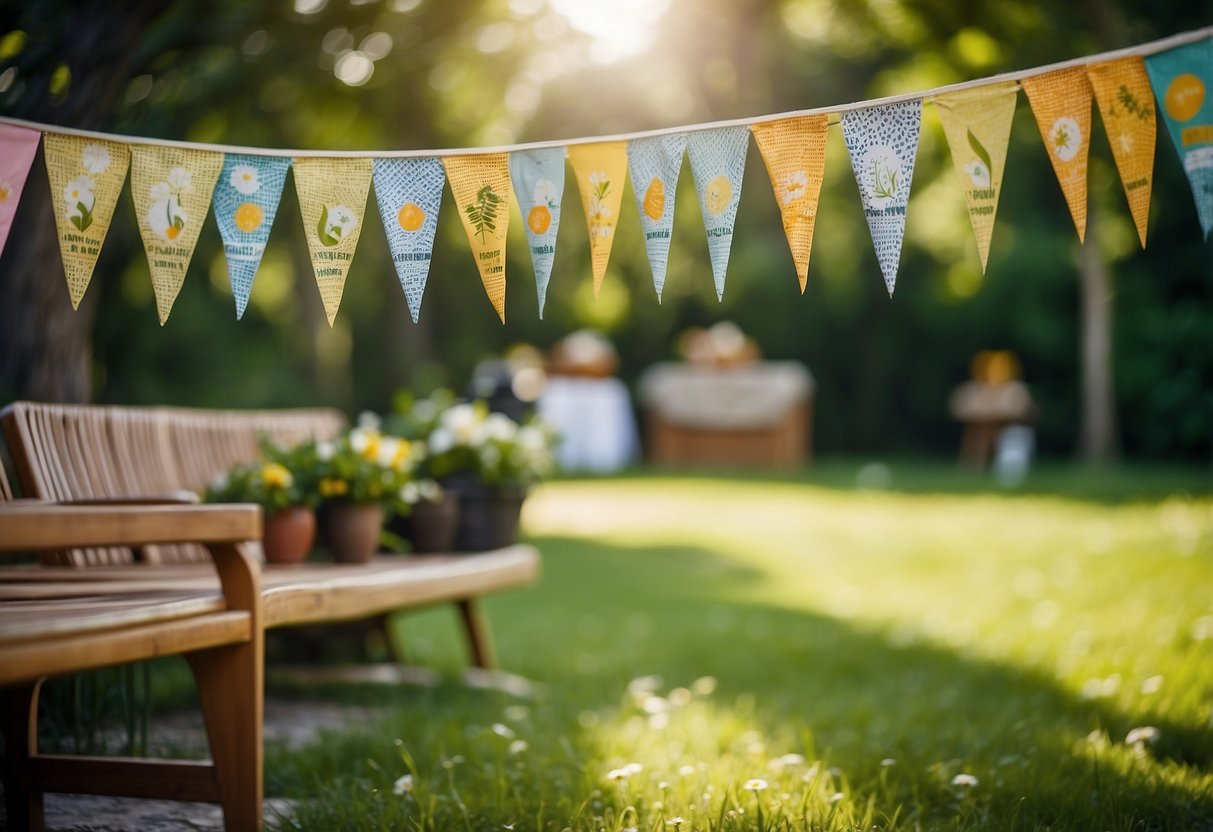 Insect repellent stations placed around a garden party, with colorful banners and natural decor