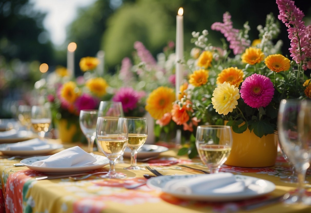 Vibrant floral tablecloths decorate a garden party setting for a 40th celebration