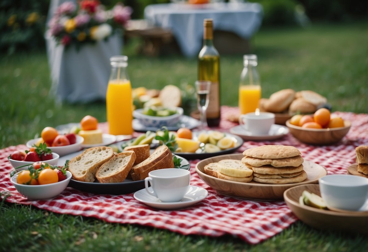 Colorful picnic blankets spread across a lush garden, with vibrant flowers and a variety of delicious food and drinks set out for a 40th birthday celebration