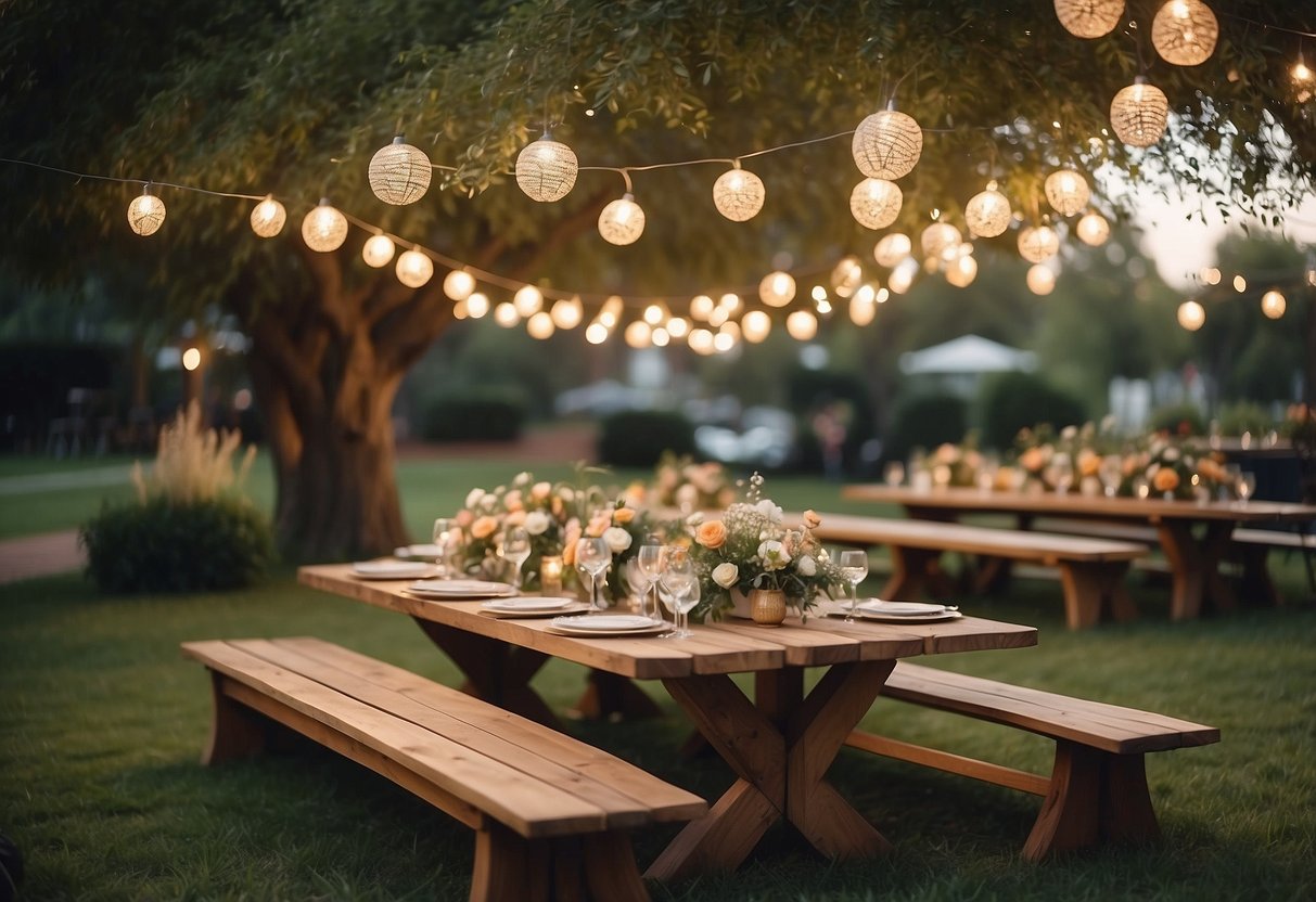 A charming garden party with wooden benches, string lights, and floral centerpieces