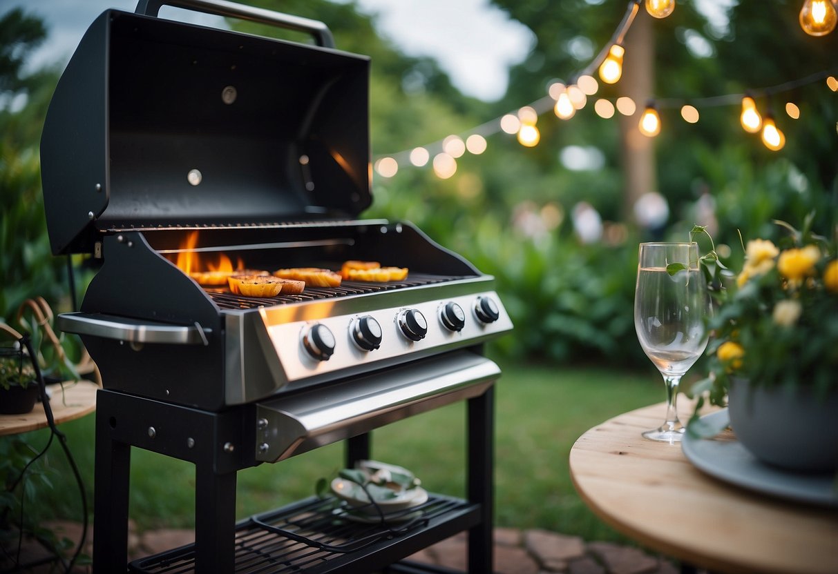 A colorful outdoor grill surrounded by lush greenery, with string lights overhead and a table set for a festive 40th garden party