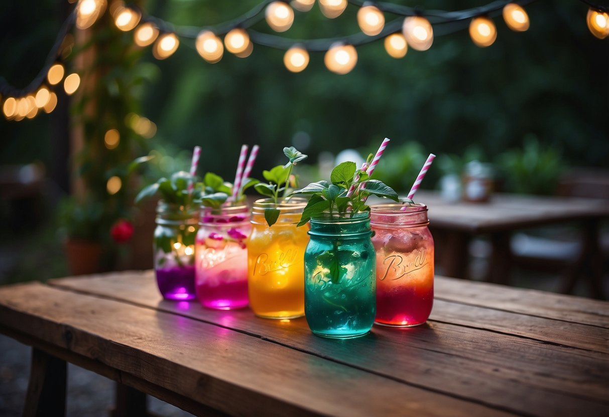 Colorful mason jar cocktails on a rustic garden table with string lights, surrounded by lush greenery and floral arrangements