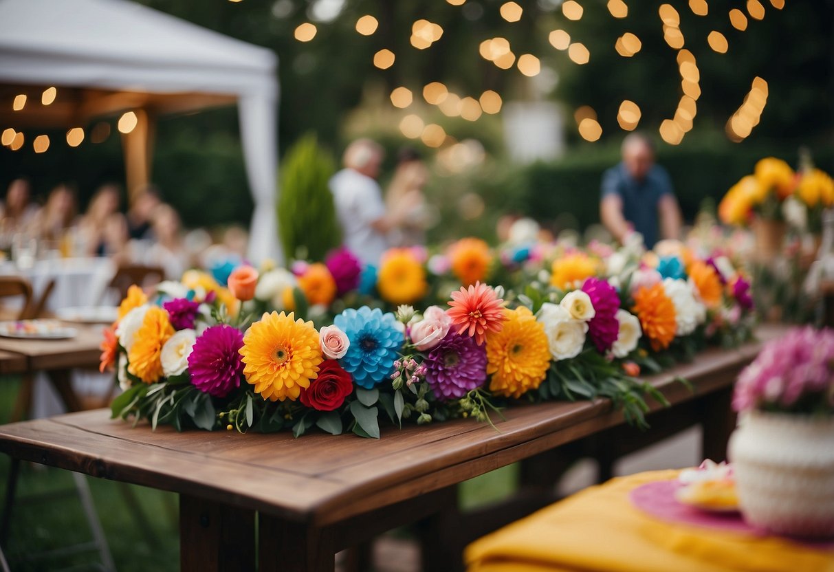 Colorful flower crowns adorn garden tables at a 40th birthday party. Guests mingle among vibrant blooms and twinkling lights