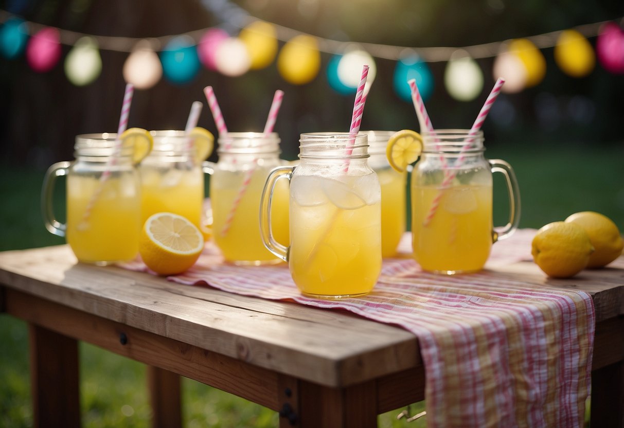 A table with pitchers of homemade lemonade, surrounded by colorful garden decorations and string lights for a 40th birthday party