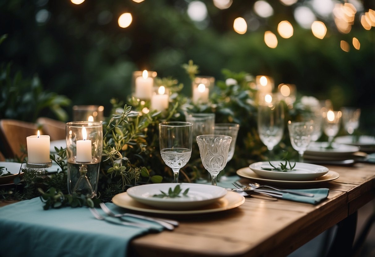 A table adorned with vintage glassware, surrounded by lush greenery and twinkling lights, sets the scene for a 40th garden party