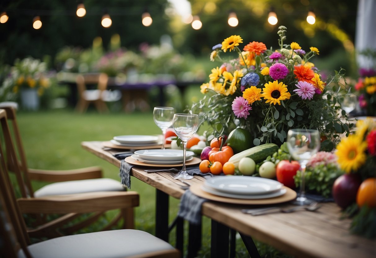 A vibrant garden with colorful flowers and fresh vegetables, set up for a 40th garden party celebration with tables adorned with garden-fresh salads