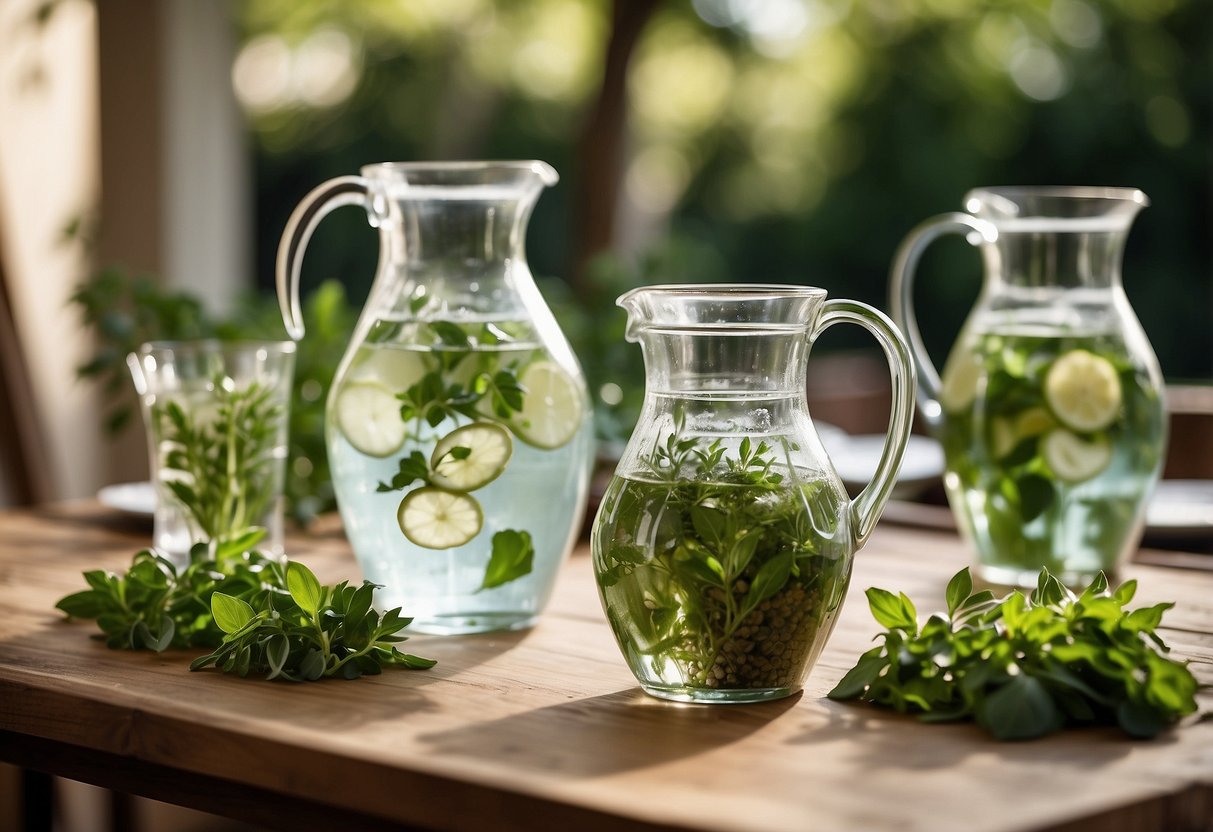 A table adorned with pitchers of herb-infused water, surrounded by lush greenery and twinkling lights, sets the scene for a 40th garden party