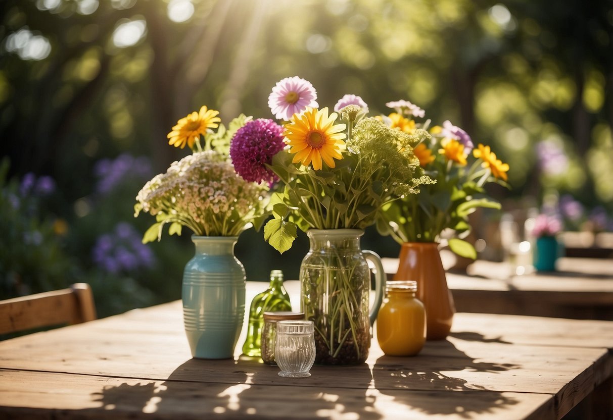 Colorful flowers, vases, and greenery arranged on a rustic wooden table in a garden setting. Sunlight filters through the leaves, creating a warm and inviting atmosphere for a 40th birthday party