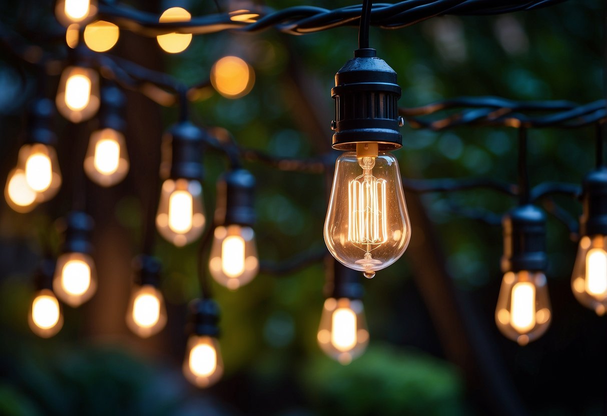 An outdoor garden adorned with Edison bulb lights for a 40th birthday party celebration