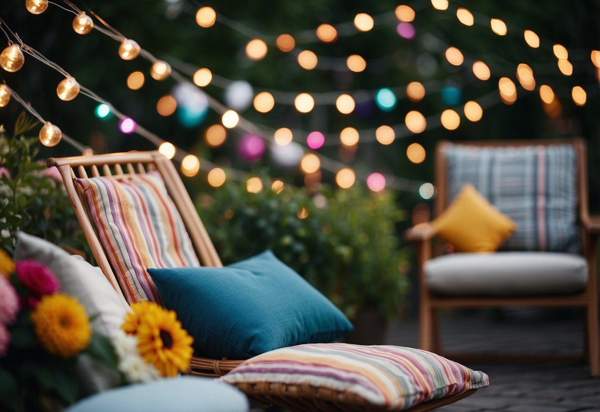 Colorful outdoor cushions arranged on garden chairs for a 40th party. String lights and floral decorations add to the festive atmosphere