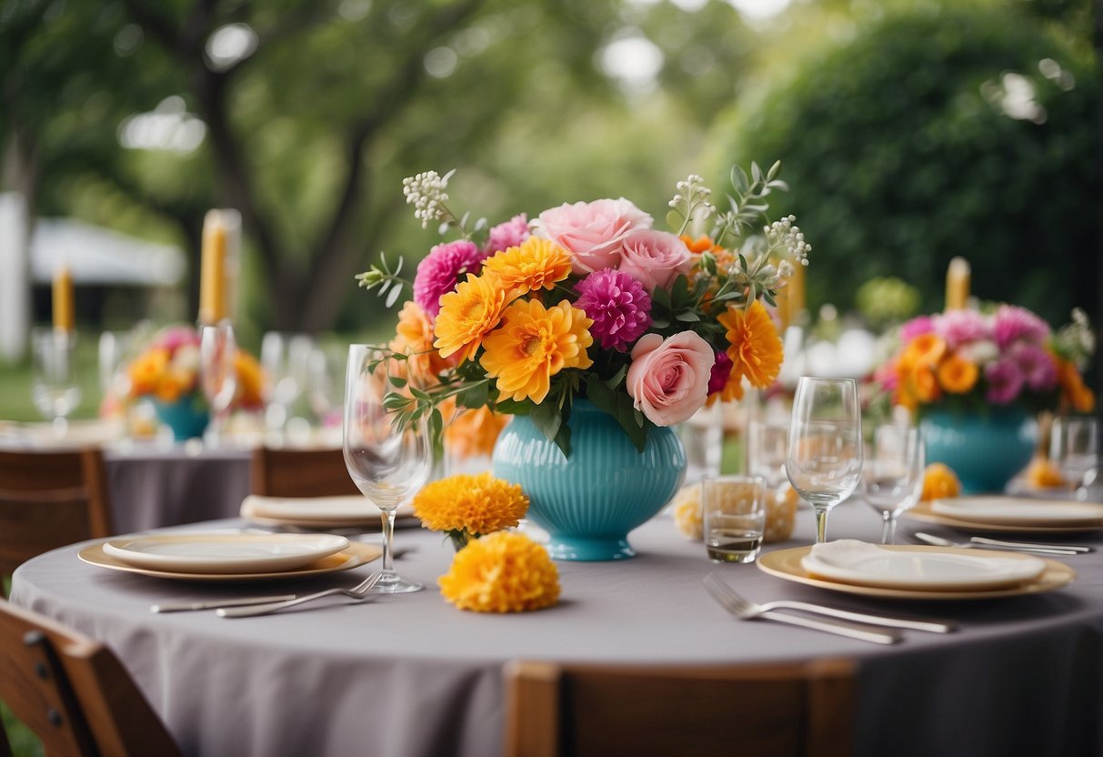 Vibrant floral centerpieces adorn tables at an 80th birthday garden party, adding color and elegance to the outdoor celebration