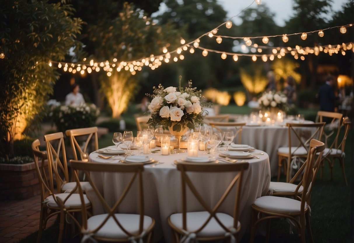 A garden adorned with twinkling string lights for an 80th birthday party. Tables set with elegant centerpieces and guests mingling under the warm glow