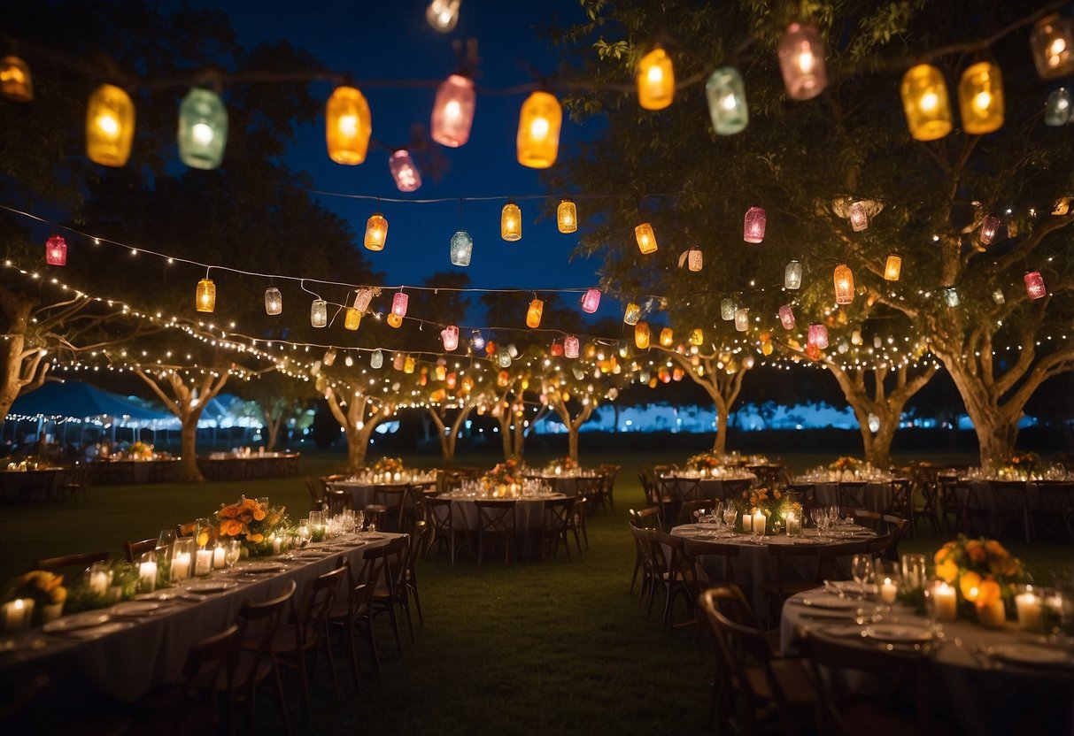 Colorful mason jar lanterns hang from tree branches, casting a warm glow over the garden party. Tables are adorned with floral centerpieces, while guests mingle and celebrate under the starry night sky