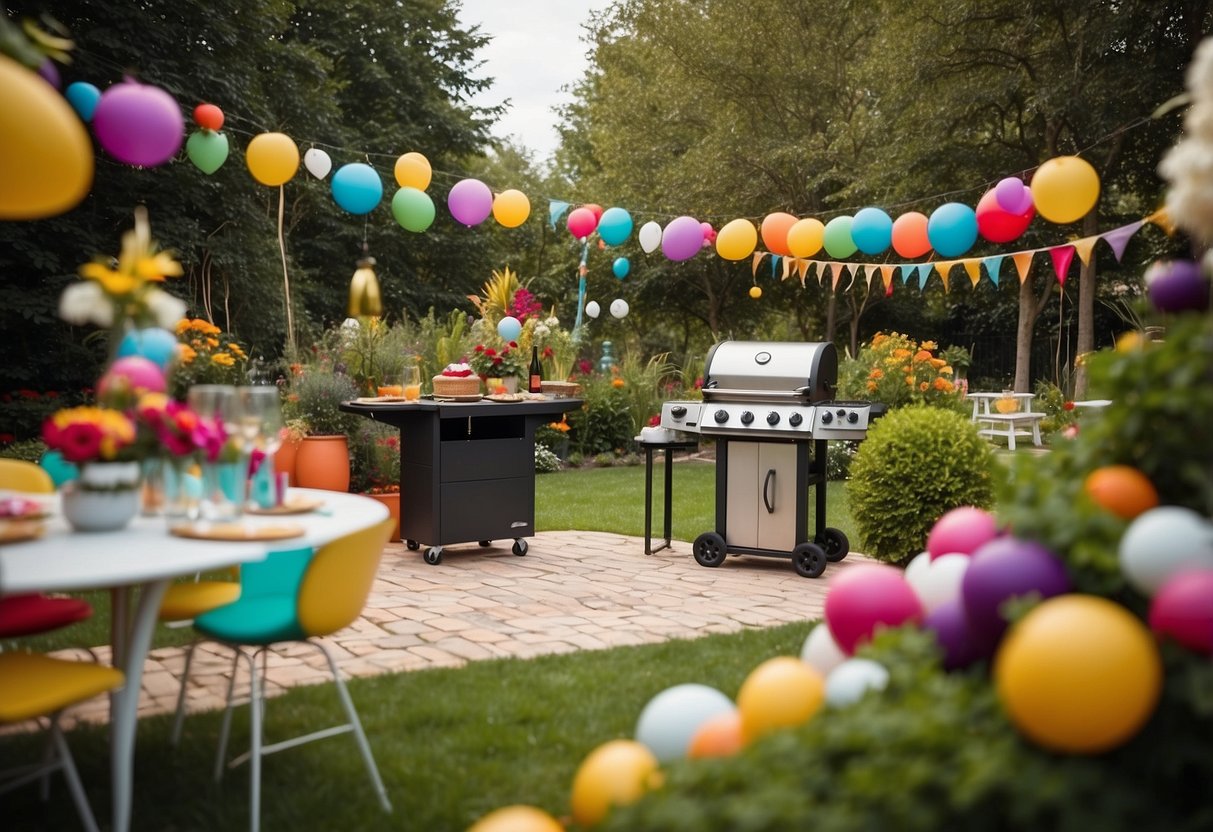 A festive garden scene with a BBQ grilling station, surrounded by colorful decorations and seating areas for an 80th birthday celebration