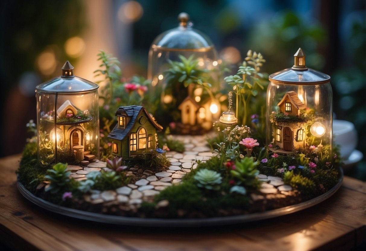 Lush terrariums with tiny fairy houses, delicate flowers, and twinkling lights, set amidst a garden party celebrating an 80th birthday