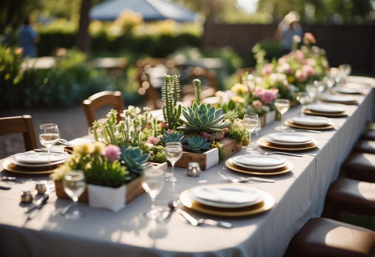 A table adorned with succulent favors, surrounded by blooming flowers and greenery, at an 80th birthday garden party