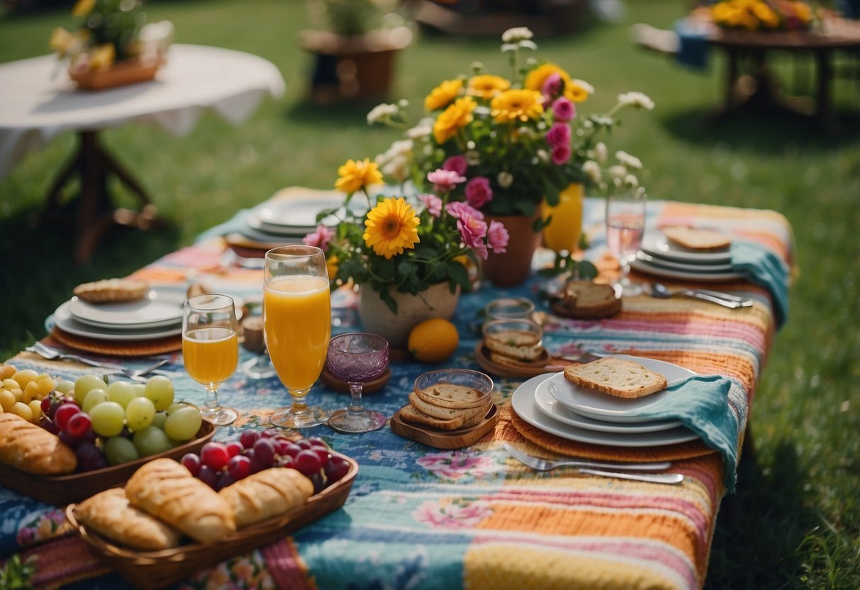 Colorful picnic blankets spread across a lush garden, adorned with vibrant flowers and surrounded by towering trees. Tables are set with elegant place settings, and a festive atmosphere fills the air