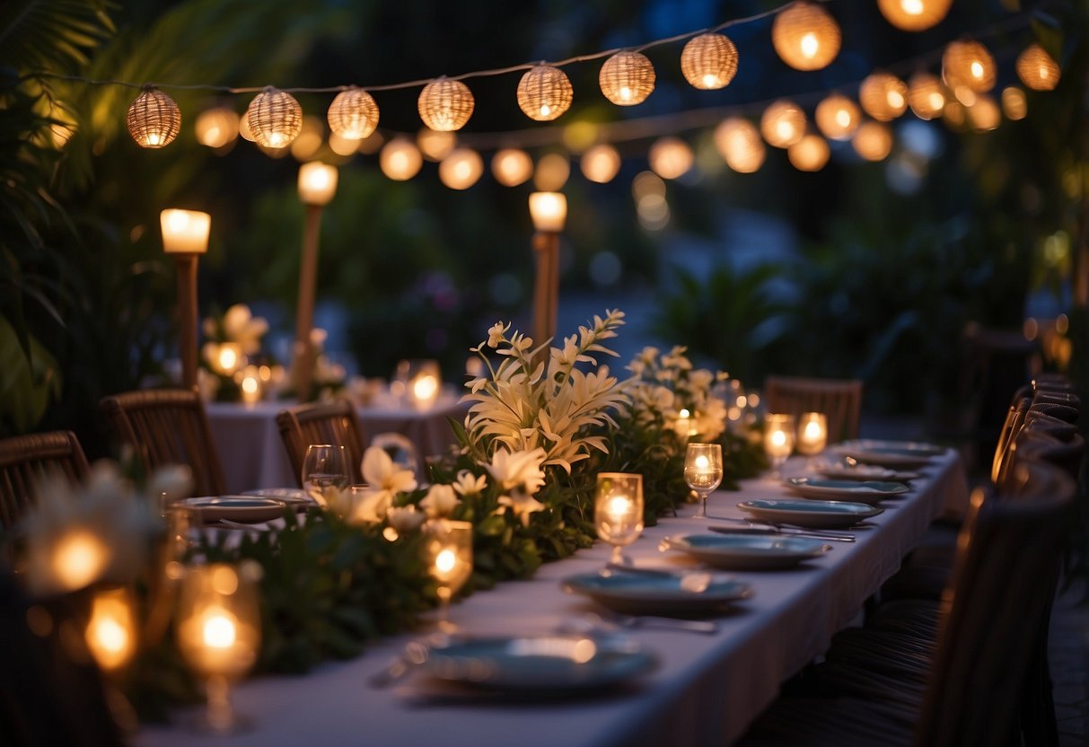 A garden filled with tiki torches illuminating the night, surrounded by festive decorations and tables set for an 80th birthday celebration