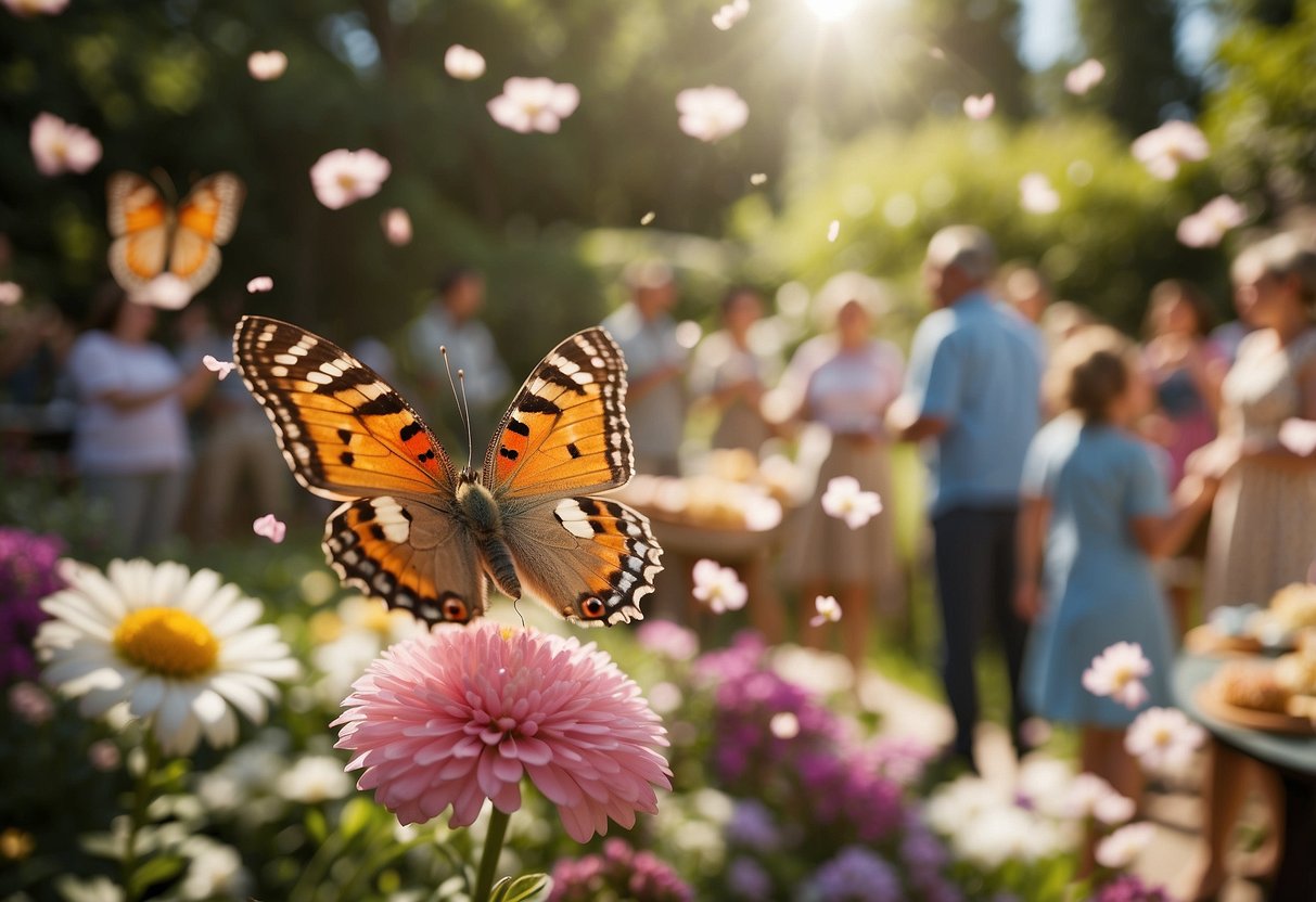 Colorful butterflies fluttering in a sun-drenched garden, surrounded by blooming flowers and happy party guests. A table holds a butterfly release kit, adding to the festive 80th birthday celebration