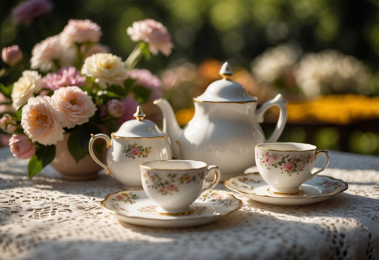 A vintage tea set arranged on a lace tablecloth in a blooming garden, surrounded by delicate floral arrangements and dappled sunlight