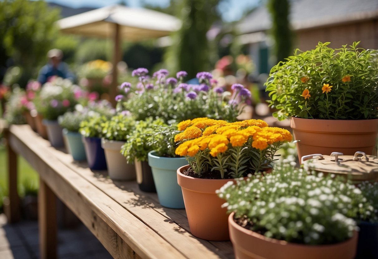 A colorful array of potted herbs and flowers fill a sunny garden, surrounded by festive decorations and tables set for a joyful 80th birthday celebration