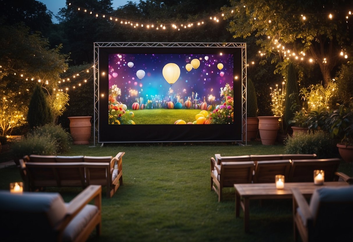 An outdoor movie screen stands in a lush garden, surrounded by twinkling lights and colorful decorations for an 80th birthday celebration