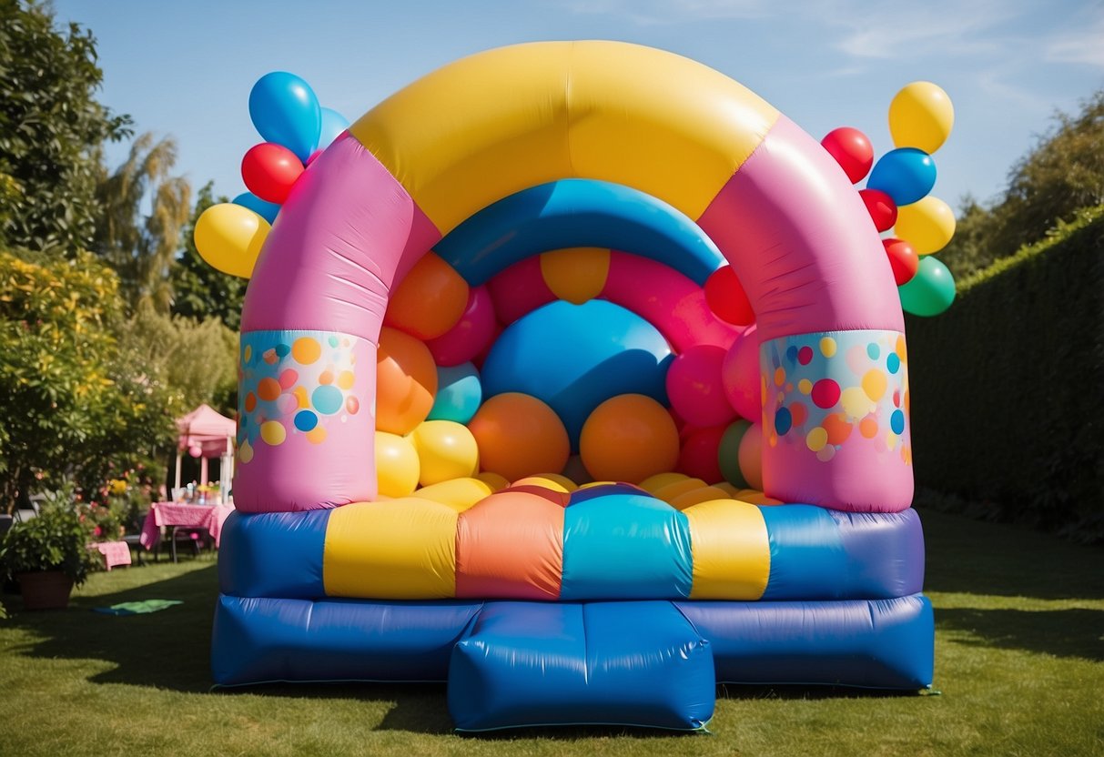 A colorful bouncy castle sits in a lush garden, surrounded by festive decorations and tables filled with birthday treats